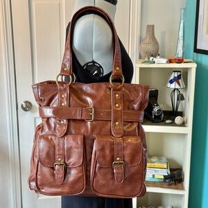 DSW Chocolate Brown Faux Leather Tote with Belt and Buckle Detail
